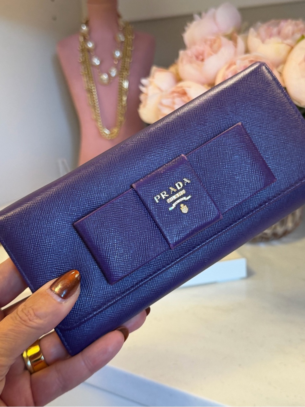 Prada Purple Saffiano Leather Bow Continental Wallet with Gold Logo